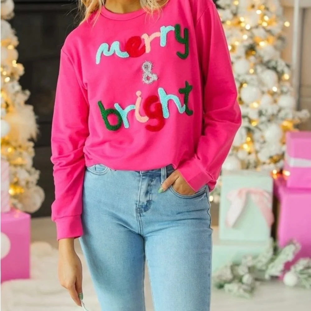 🎊💕 NEW Emma Pink Multicolor Christmas Top Size Large - Picture 4 of 4